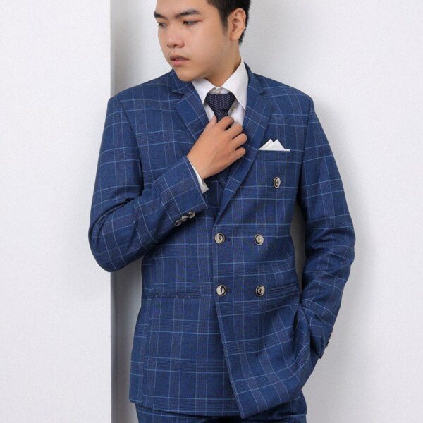 Vest nam xanh đậm ô vuông 6 nút Hàn Quốc