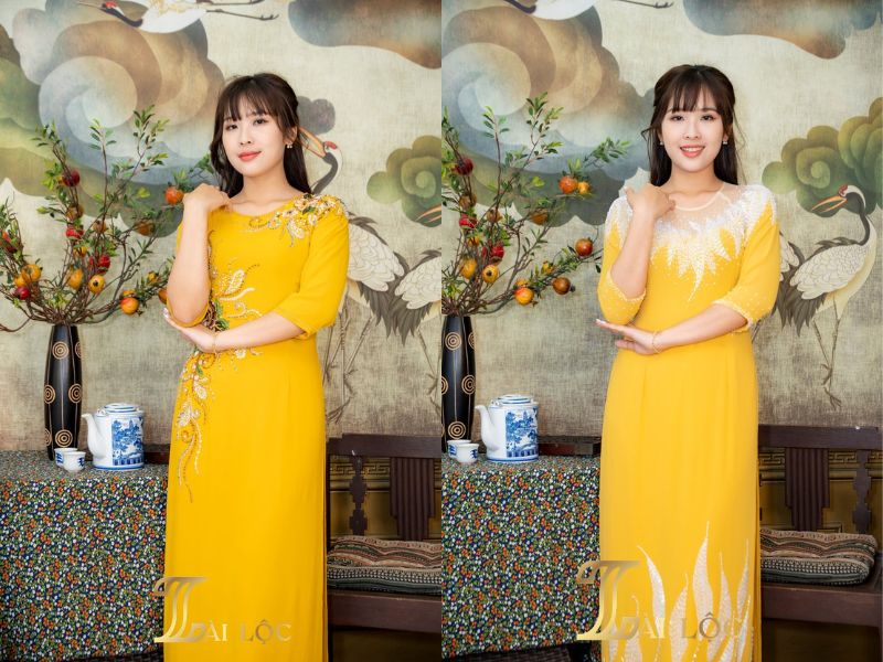 Áo dài mẹ cô dâu màu vàng