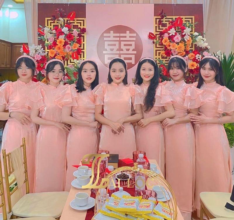 Áo Dài Bưng Quả Hồng Trơn Tay Bèo