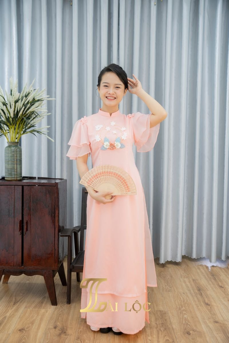 Áo Dài Bưng Quả Hồng Hoa Tròn
