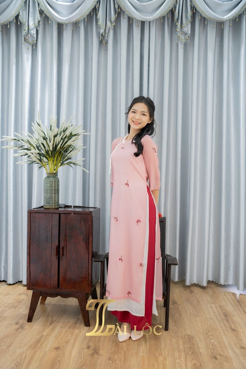 Áo Dài Bưng Quả Hồng Xuông Cherry