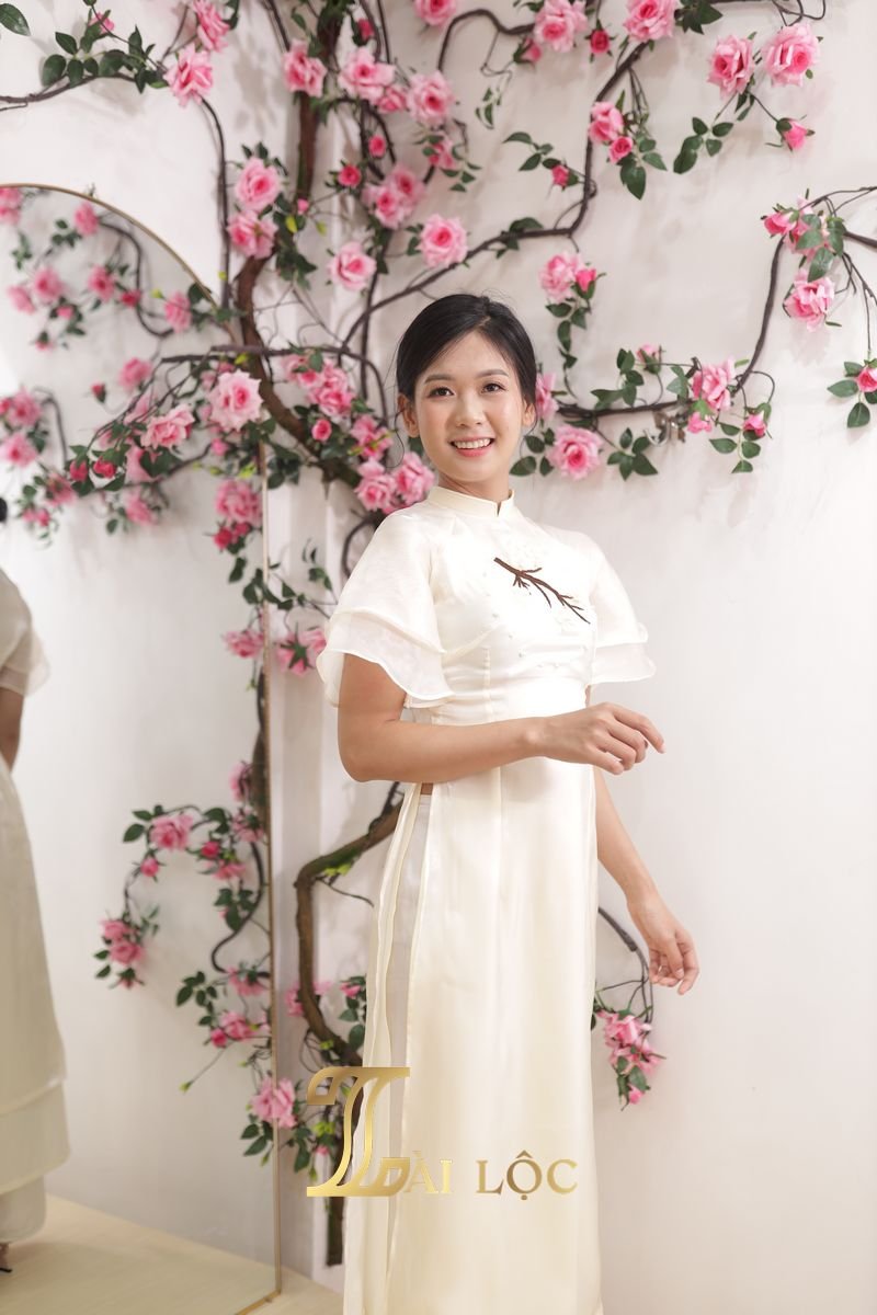Áo Dài Bưng Quả Kem Hoa Đào Tay Bèo