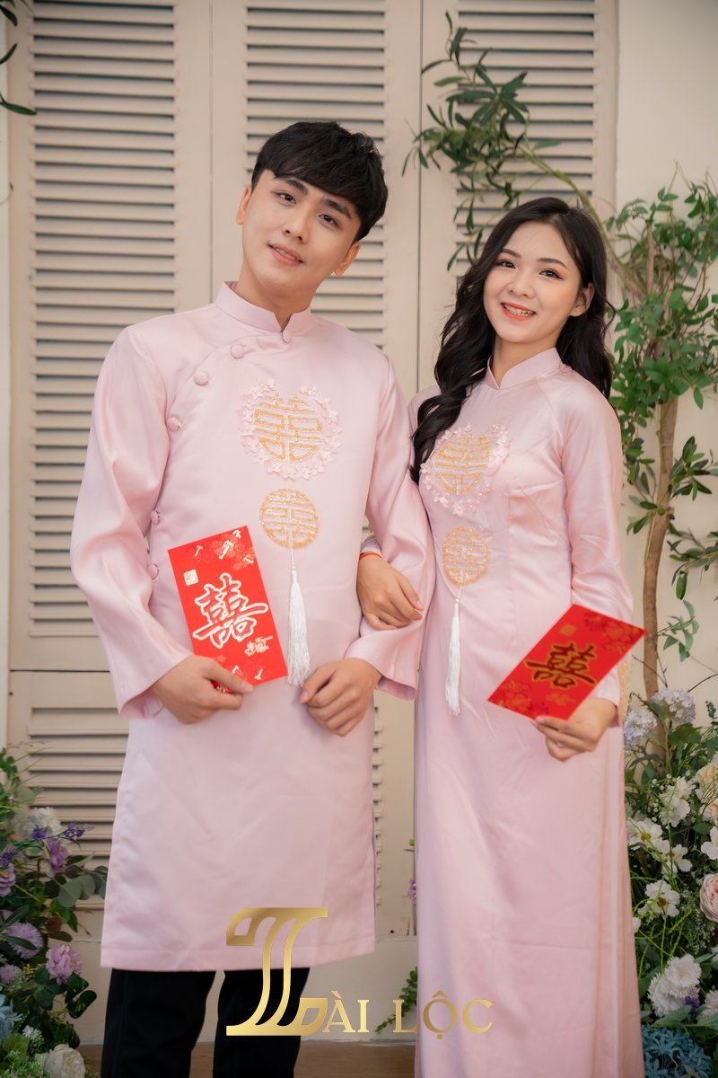 Áo Dài Cặp Đám Cưới Cô Dâu Chú Rể Lụa Hồng Hoa Chữ Hỷ