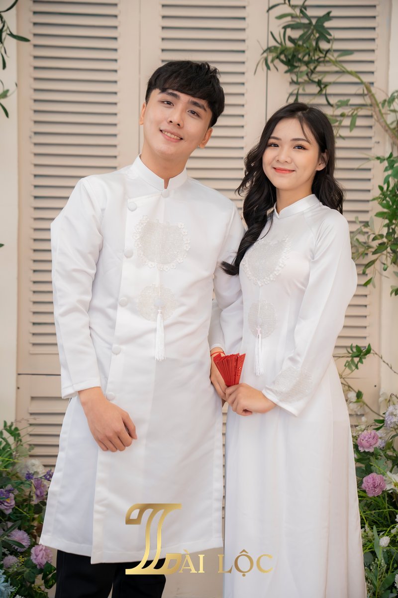 Áo Dài Cặp Đám Cưới Cô Dâu Chú Rể Trắng Một Chữ Hỷ