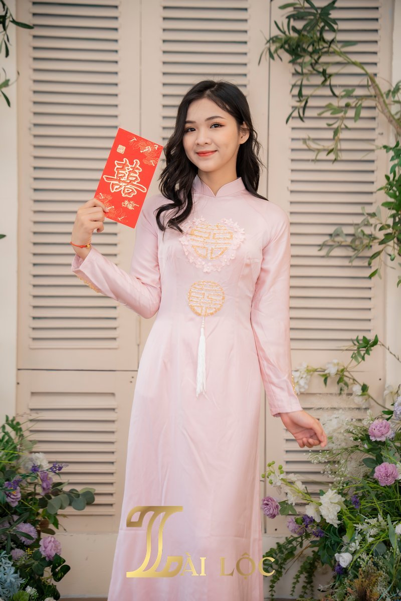Áo Dài Đám Cưới Cô Dâu Lụa Hồng Hoa Chữ Hỷ
