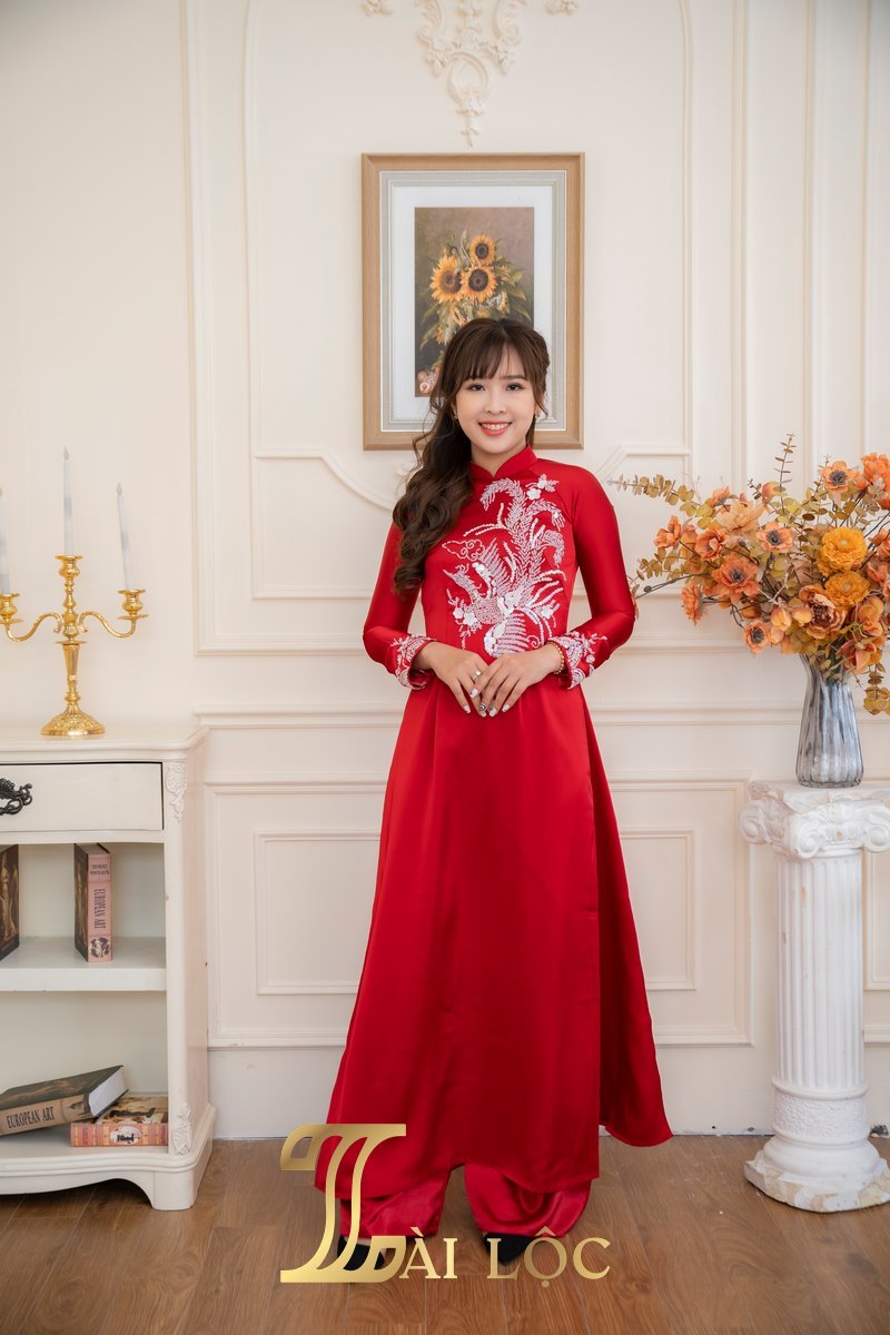 Áo Dài Cặp Đám Cưới Cô Dâu Lụa Đỏ Đô Chim Trắng