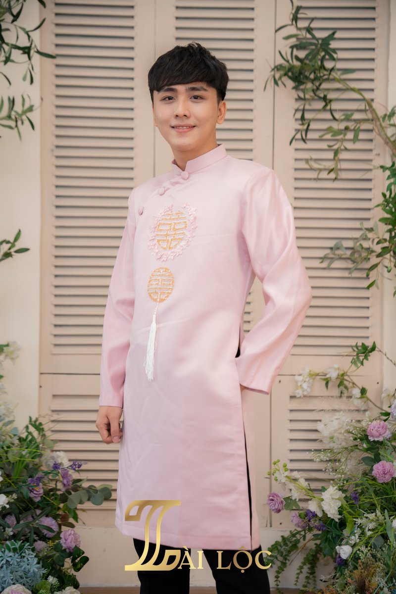 Áo Dài Đám Cưới Chú Rể Lụa Hồng Hoa Chữ Hỷ