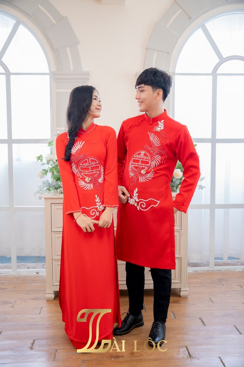 Áo Dài Cặp Đám Cưới Cô Dâu Chú Rể Lụa Đỏ Hỷ Cánh Chim