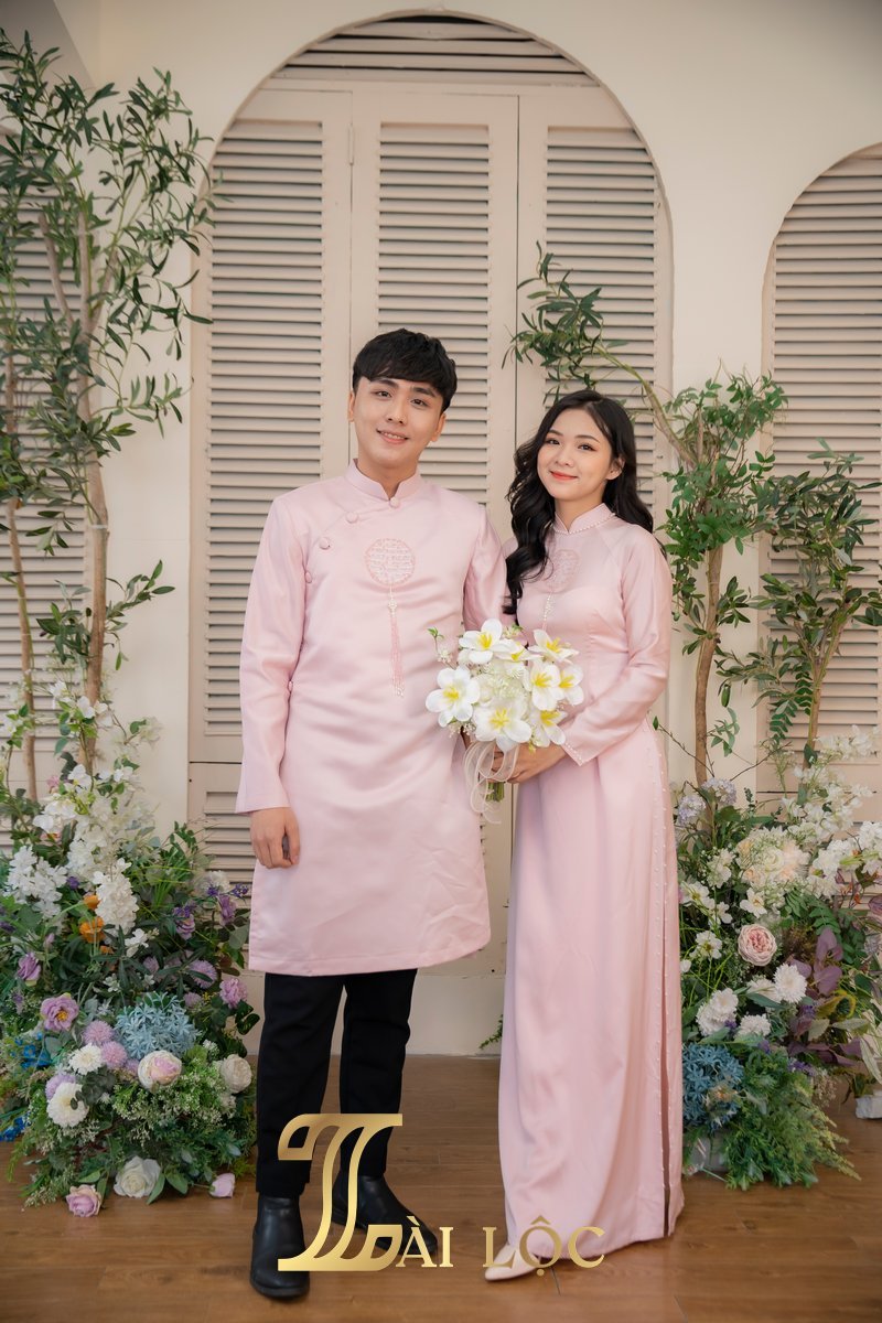 Áo Dài Cặp Đám Cưới Cô Dâu Chú Rể Lụa Hồng Một Chữ Hỷ