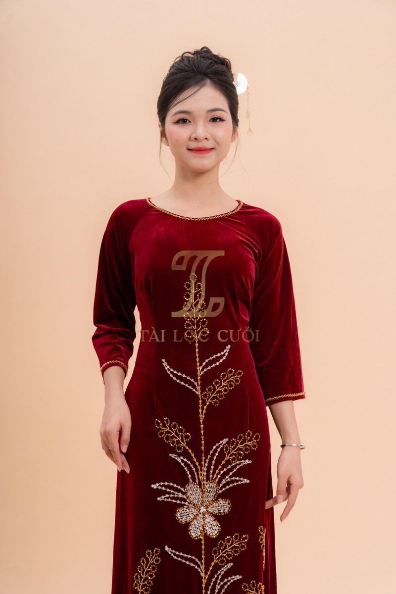 Áo Dài Ngồi Sui Đỏ Nhung Hoa Bông Lúa Đẹp 2XL-CNQ7BSĐN5 Áo Dài Ngồi Sui Đỏ Nhung Hoa Bông Lúa Đẹp 2XL-CNQ7BSĐN5
