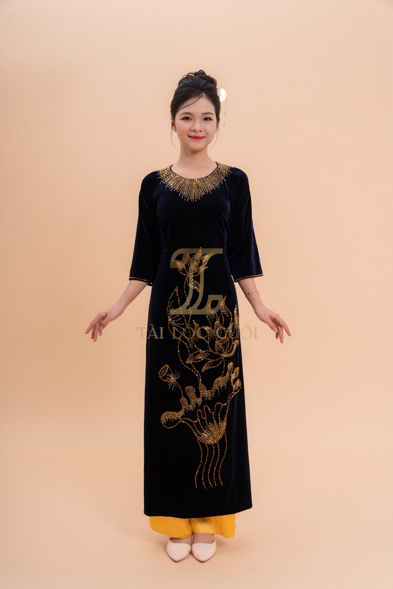 Áo Dài Bà Sui Xanh Nhung Kết Cườm Sen Vàng XL-CNQ7BSXN1 Áo Dài Bà Sui Xanh Nhung Kết Cườm Sen Vàng XL-CNQ7BSXN1